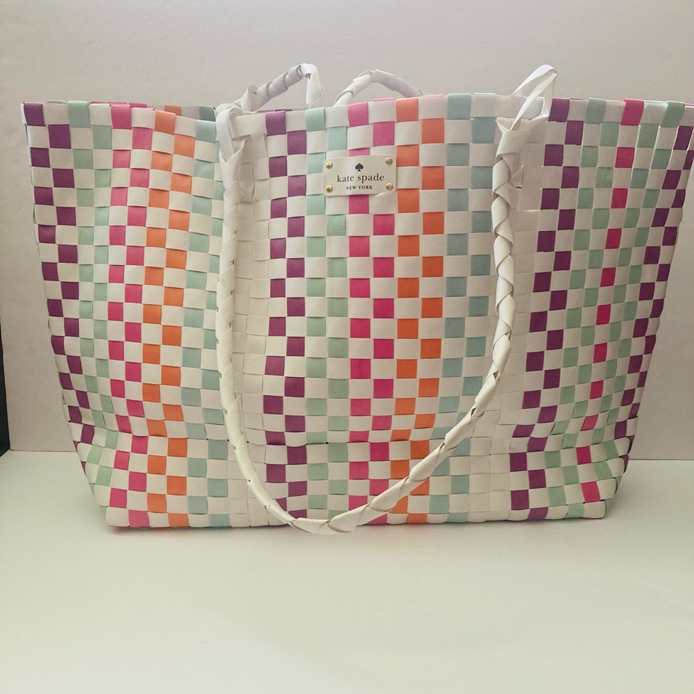 NWOT Kate Spade Rainbow Checkered Woven Large Tote Bag Beach Carryall